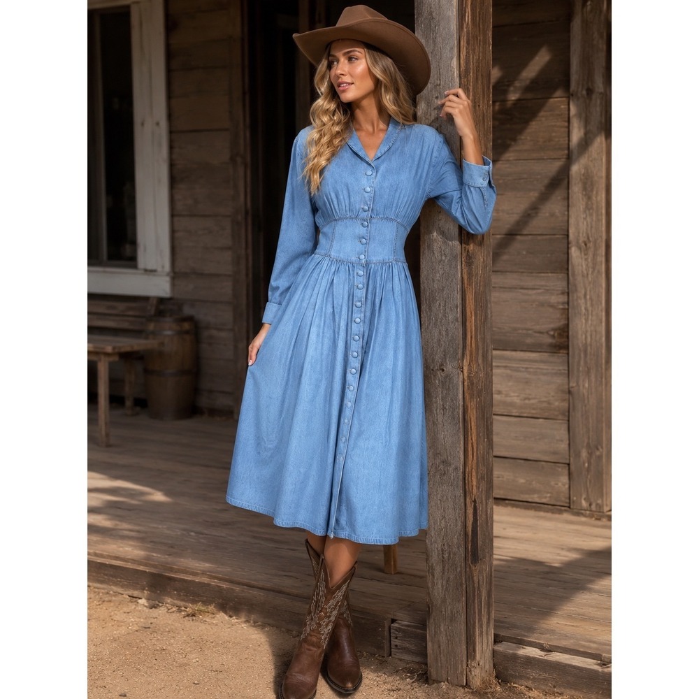 VTG 90s Styleworks Denim Midi Dress 8 Long Sleeve Button Front Western Prairie * - Picture 1 of 14